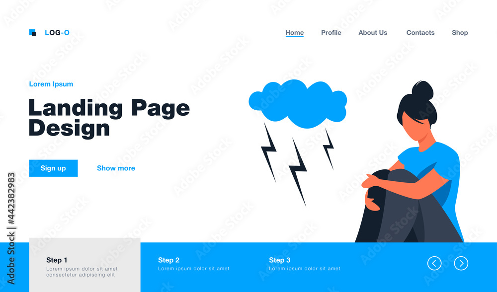 Unhappy person feeling stressed and depressed. Woman suffering from depression. Flat vector illustration. Anxiety, emotional disorder concept for banner, website design or landing web page Unhappy person feeling stressed and depressed. Woman suffering from depression. Flat vector illustration. Anxiety, emotional disorder concept for banner, website design or landing web page