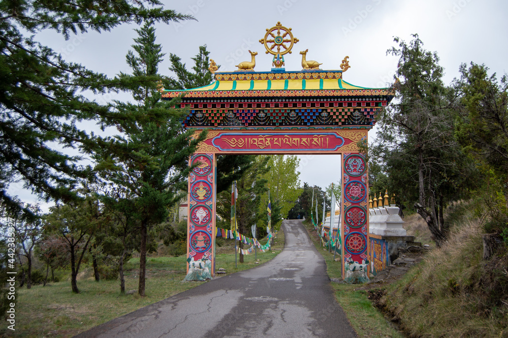 Obraz premium Buddhist Temple of Dag Shang Kagyu in Panillo, Aragon, Spain, Details in a Buddhist temple Dag Shang Kagyu, the Vajrayana Buddhist centre in the Aragonese Pyrenees.