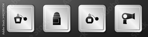 Set Perfume, Antiperspirant deodorant roll, and Hair dryer icon. Silver square button. Vector
