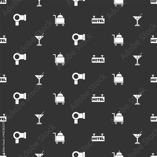Set Signboard with text Hotel, Martini glass, Hair dryer and Covered tray on seamless pattern. Vector