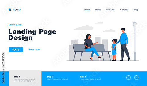 Two adults talking with girl in city park. Bench, kid, weekend flat vector illustration. Leisure and nature concept for banner, website design or landing web page
