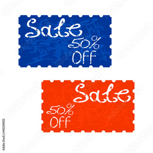Advertising vector coupons in orange and blue colors with a fifty percent discount.