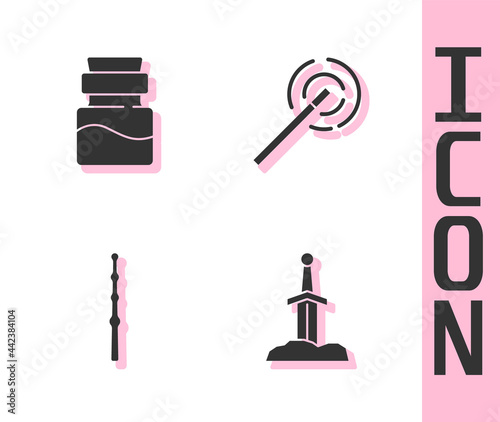 Set Sword in the stone, Bottle with potion, Magic wand and icon. Vector