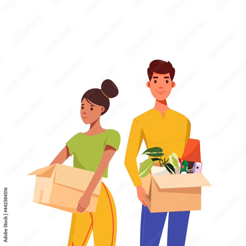 Young couple in modern clothes are moving to a new home.Couple in new home with cardboard boxes. People moving house. Buying or or rental room. Young couple in modern clothes are moving to a new home.Couple in new home with cardboard boxes. People moving house. Buying or or rental room.