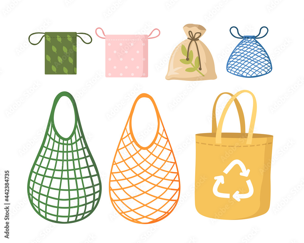 Vecteur Stock Eco shopping net bags flat vector illustration set. Drawing  kit, tote and bulk bags for grocery shopping. Zero waste, plastic free,  recycling, eco-friendly concept | Adobe Stock