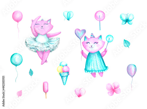 A set of unicorn cats in turquoise dresses with sweets isolated on a white background. Cute cartoon pink princess kittens. Ballet dancer. Girls. Watercolor hand-drawn illustration. Baby shower.