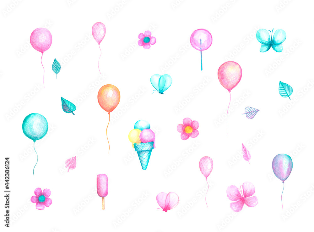 A festive pink turquoise set for a children's party. Balloons, ice cream, butterflies, flowers, moths, popsicles isolated on a white background. Watercolor hand-drawn illustration