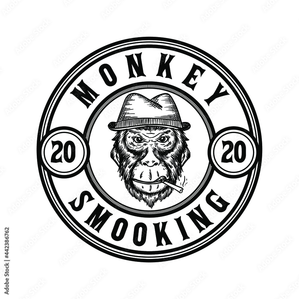 Cool Monkey With Hat And Pipe Smoke Drawing Vintage Badge Logo Vector Illustration Template Icon Design