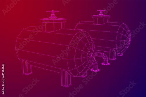 Oil tank storage of flammable materials and pipeline with valve. Finance economy polygonal petrol production. Petroleum fuel industry transportation line. Wireframe low poly mesh vector illustration.