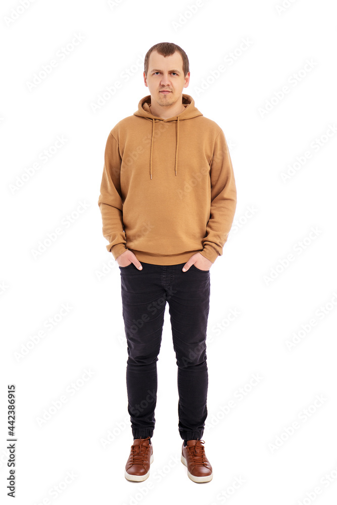 full length portrait of handsome man in beige hoodie isolated on white full length portrait of handsome man in beige hoodie isolated on white