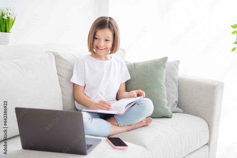 Portrait of attractive cheerful girl sitting on sofa watching tutorial lesson writing test task at light white flat home indoors Portrait of attractive cheerful girl sitting on sofa watching tutorial lesson writing test task at light white flat home indoors