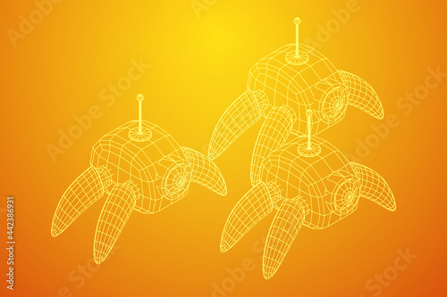 Spider robot with radar antenna. Nanobot, nanotechnology medical concept. Wireframe low poly mesh vector illustration
