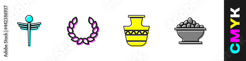 Set Caduceus snake medical, Laurel wreath, Ancient amphorae and Olives in bowl icon. Vector