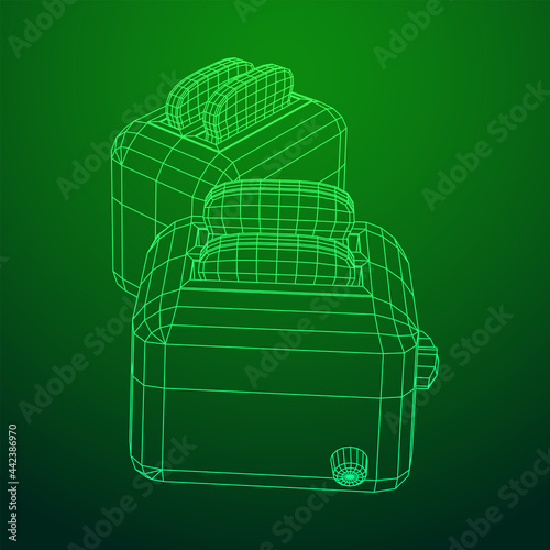 Toaster with two fried pieces of loaf prepared for a breakfast. Wireframe low poly mesh vector illustration.