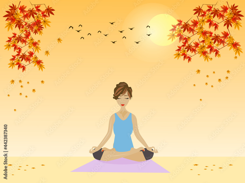 woman doing yoga with maple leaves and yellow sky in the background