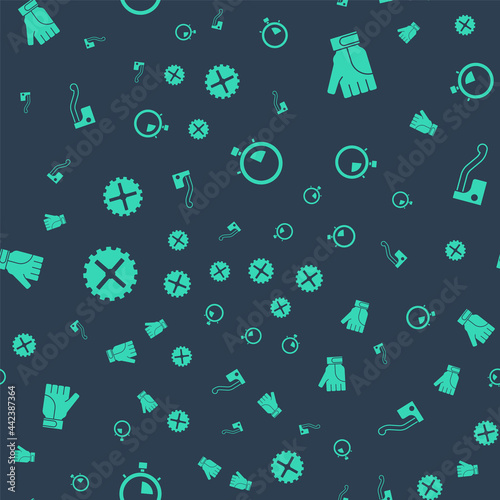 Set Stopwatch, Gloves, Bicycle sprocket crank and brake on seamless pattern. Vector