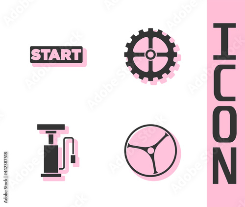Set Bicycle wheel, Ribbon in finishing line, air pump and sprocket crank icon. Vector