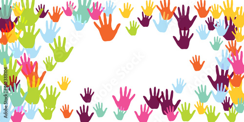 Cheerful kids handprints art therapy concept vector illustration.