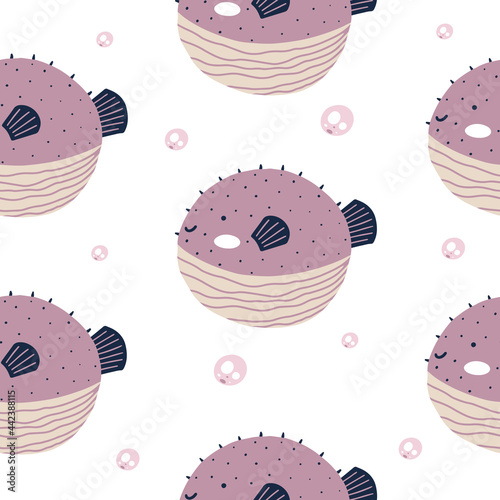 Seamless pattern with cute puffer fish in scandinavian style