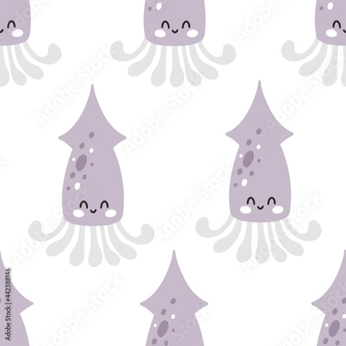 Seamless pattern with cute squid in scandinavian style