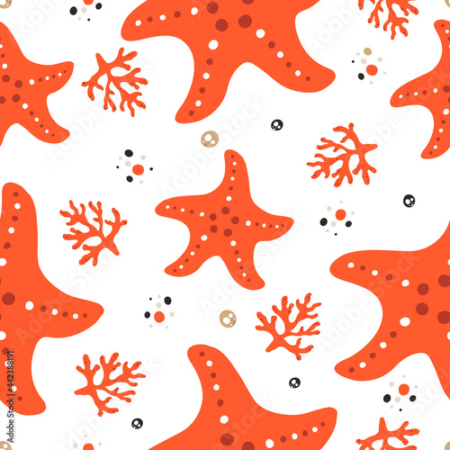 Seamless pattern with cute starfish and corals