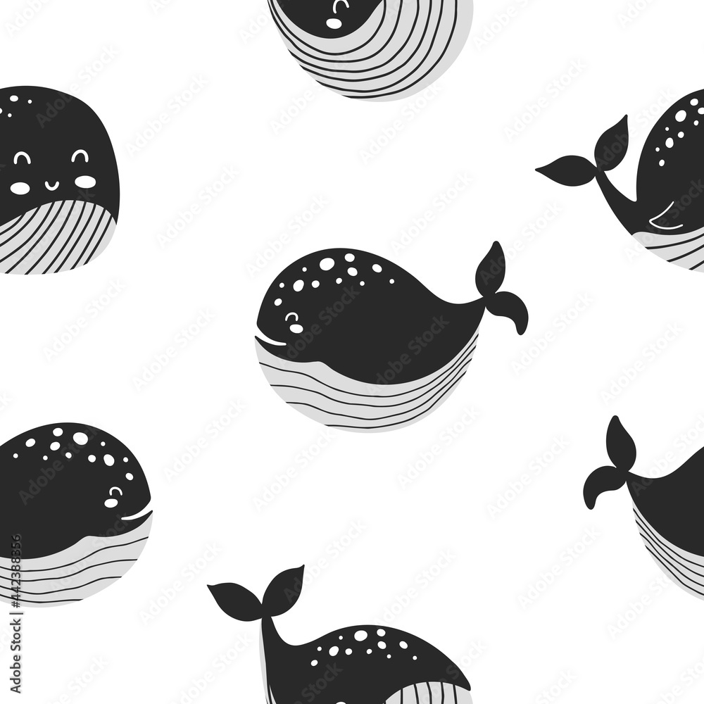 Seamless pattern with cute whales of black color in scandinavian style