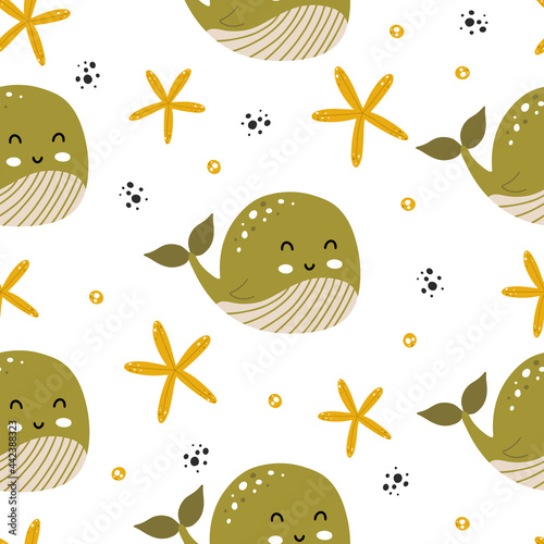 Seamless pattern with cute whales in scandinavian style