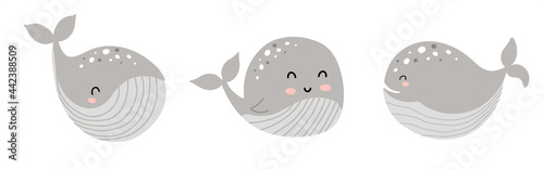 Set of cute whale characters in scandinavian style