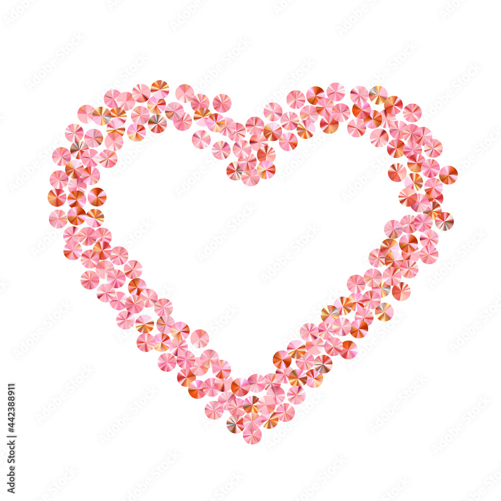 Rosy gold sequin confetti placer vector illustration. Valentine's day background design. Circle sparkling tinsel particles holiday glitter. Romantic love valentine confetti.