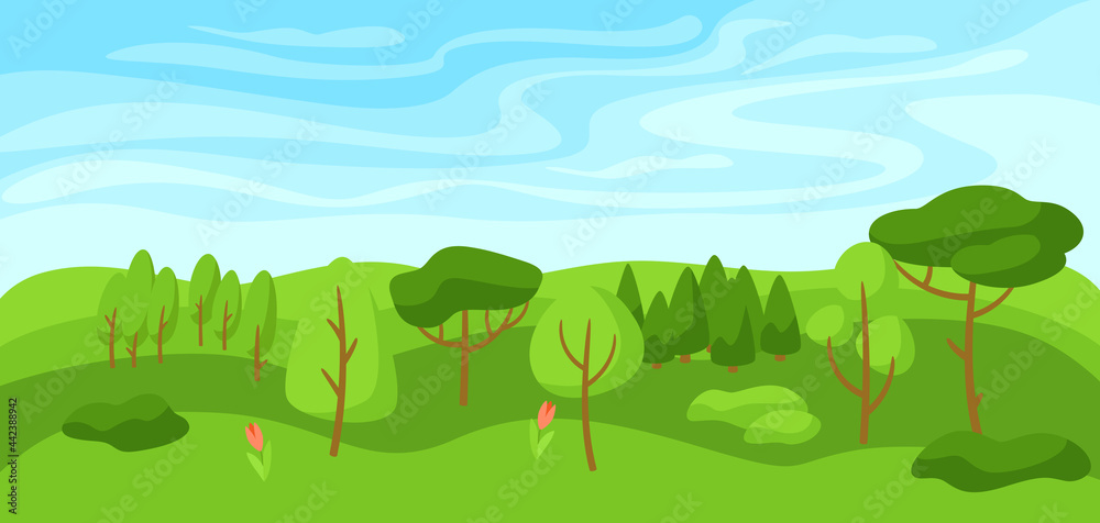 Spring landscape with forest, trees and bushes. Spring landscape with forest, trees and bushes.