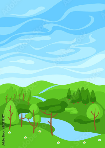 Summer landscape with forest, trees and bushes.
