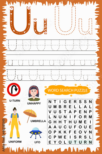 educational worksheet for children learning the English alphabet. Handwriting and crossword puzzle game for memorizing words. Letter U