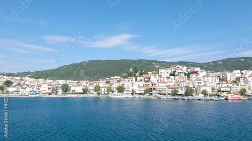 Skiathos Island, Greece - June 2020. View of the city of Skiathos by a boat. © Krasi Kanchev