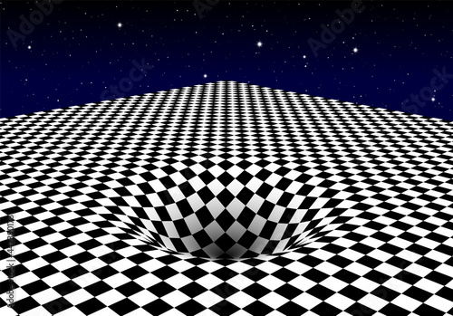 Abstract checkered board background with round pit or hole and corner. Surreal illustration.