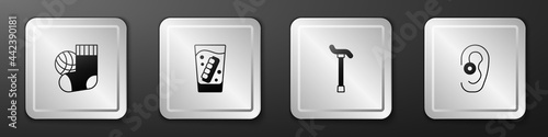 Set Socks, False jaw in glass, Walking stick cane and Hearing aid icon. Silver square button. Vector