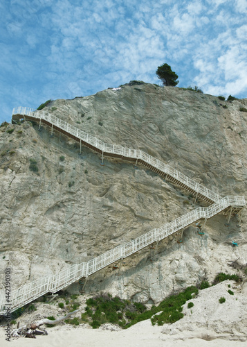 Shot of New Stairs of Egremni Beach in Lefkada 2021 photo