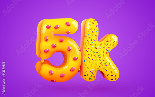 5k or 5000 followers donut dessert sign. Social media friends, followers. Thank you. Celebrate of subscribers or followers.