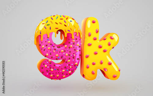 9k or 9000 followers donut dessert sign. Social media friends, followers. Thank you. Celebrate of subscribers or followers. photo