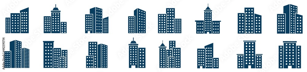 ildings icon set, skyscraper, Architecture buildings icon. Hospital, town house, museum. Bank, Hotel, Courthouse. City, Real estate symbol, Vector illustration