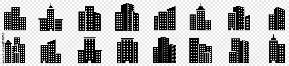 ildings icon set, skyscraper, Architecture buildings icon. Hospital, town house, museum. Bank, Hotel, Courthouse. City, Real estate symbol, Vector illustration