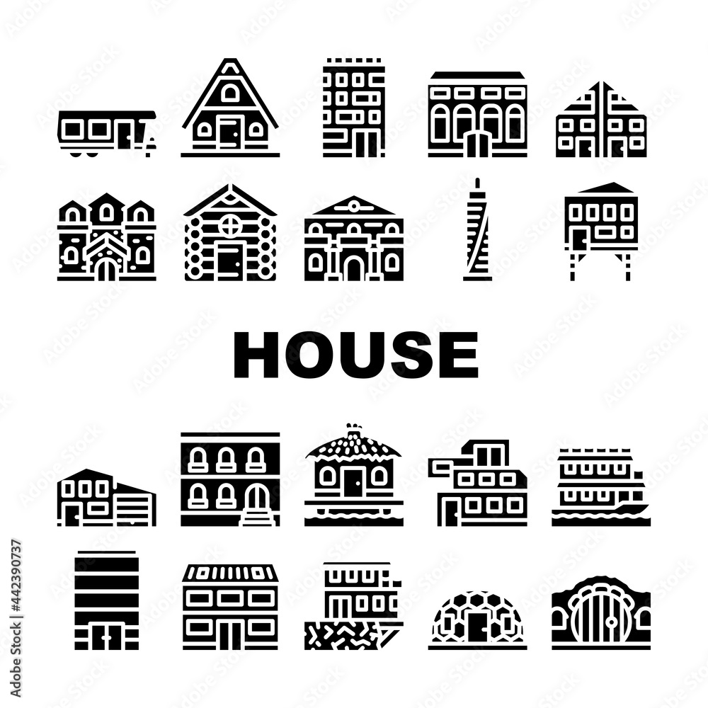 Fototapeta premium House Real Estate Collection Icons Set Vector. Bungalow On Water And Skyscraper Office Building, Cottage And Residence, Modern And Medieval House Glyph Pictograms Black Illustrations
