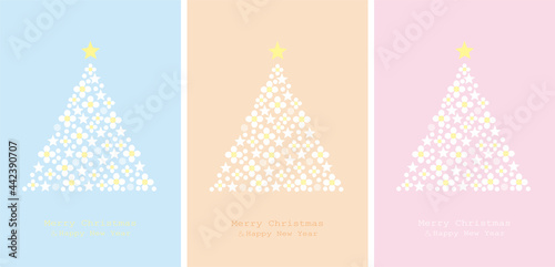 Christmas tree design card.MerryChristmas,and Happy New Year.Tree decorated with stars,flowers,and balls.3patterns of light blue,pink,and beige.Vector xmas illustration.
