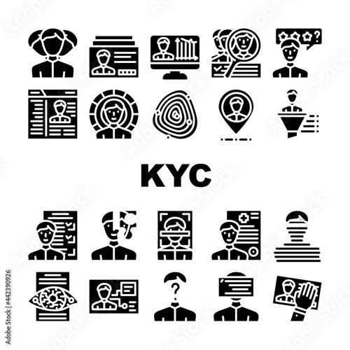 Kyc Know Your Customer Collection Icons Set Vector. Client Identification Card And Medical Information, Kyc Technology And Analysis Glyph Pictograms Black Illustrations