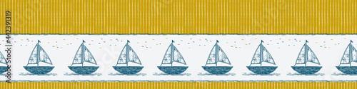 Coastal sail boat drawn seamless border pattern. Marine 2 tone seafaring sailing vessel printed background edge for interior textiles. Modern trendy maritime fashion  design vector banner trim.