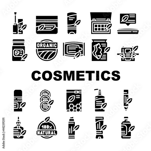 Organic Cosmetics Collection Icons Set Vector. Makeup Palette Cosmetics And Facial Mask Sheet, Natural Coconut Oil For Hair And Skin Glyph Pictograms Black Illustrations