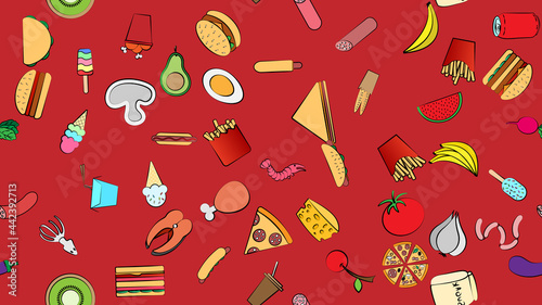 Endless red seamless pattern of delicious food and snack items icons set for restaurant bar cafe: fast food, cheat meat, burger, pizza, hot dog, sandwich, fruits, vegetables. The background