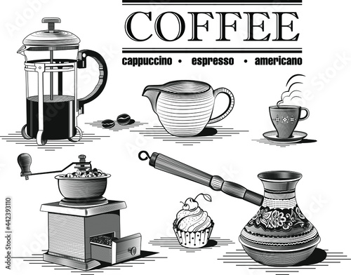 coffee theme with a cup a cake a turk a teapot