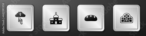 Set God's helping hand, Church building, Bread loaf and Stained glass icon. Silver square button. Vector