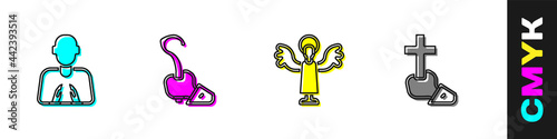 Set Hands in praying position, Magic staff, Angel and Christian cross icon. Vector photo