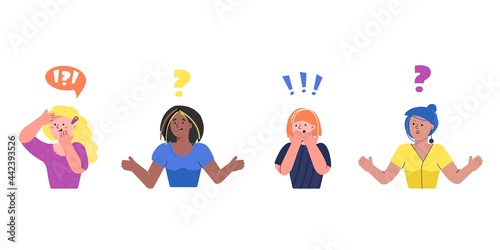 Seth women's emotions. A woman shrugs with a curious expression on her face, a surprised face, a startled face